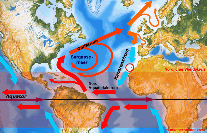 Karte: Nordquatorialstrom, Golfstrom, Kanarenstrom