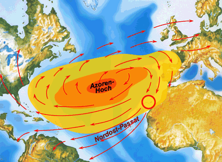 Karte: Azorenhoch und Nordost-Passatwind
